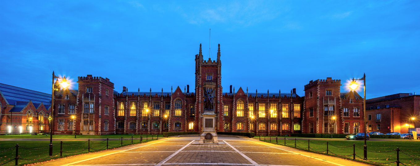 Belfast University building at dusk