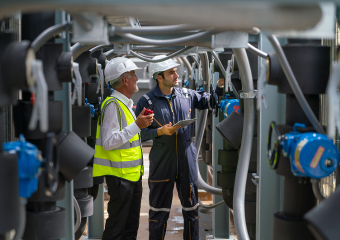 Engineers discussing a pipe channel